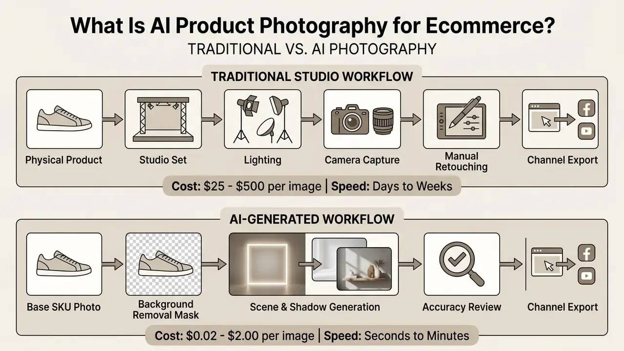 Comparison flowchart contrasting the steps, costs, and time for traditional versus AI photography