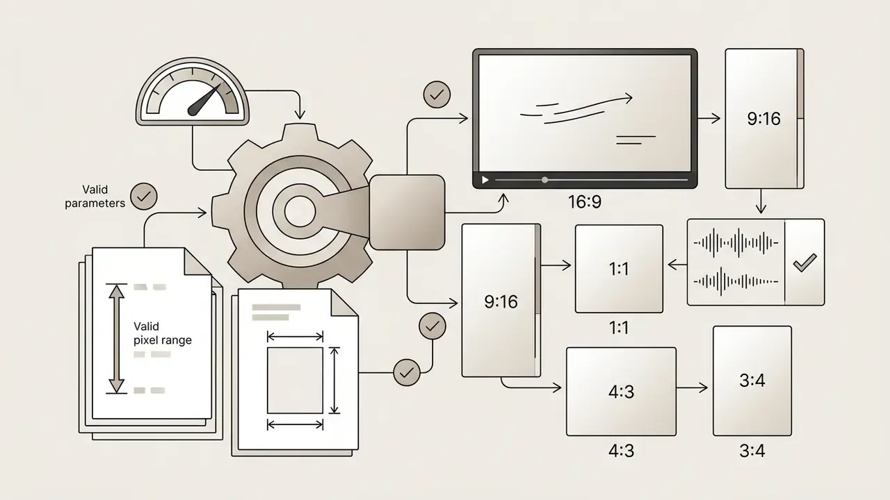 Gear mechanism connecting input pixel constraints to various video aspect ratios and audio generation