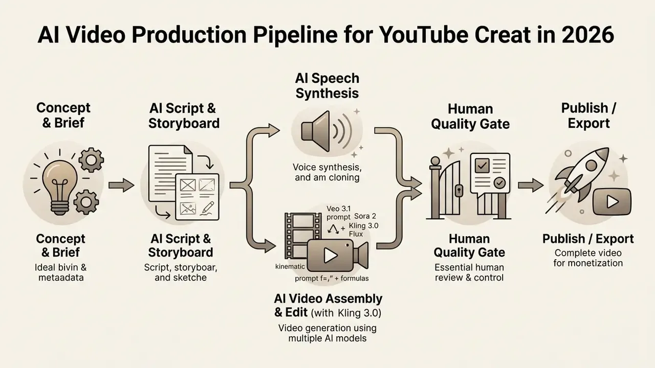 Flowchart illustrating the AI video production pipeline from initial concept to final export