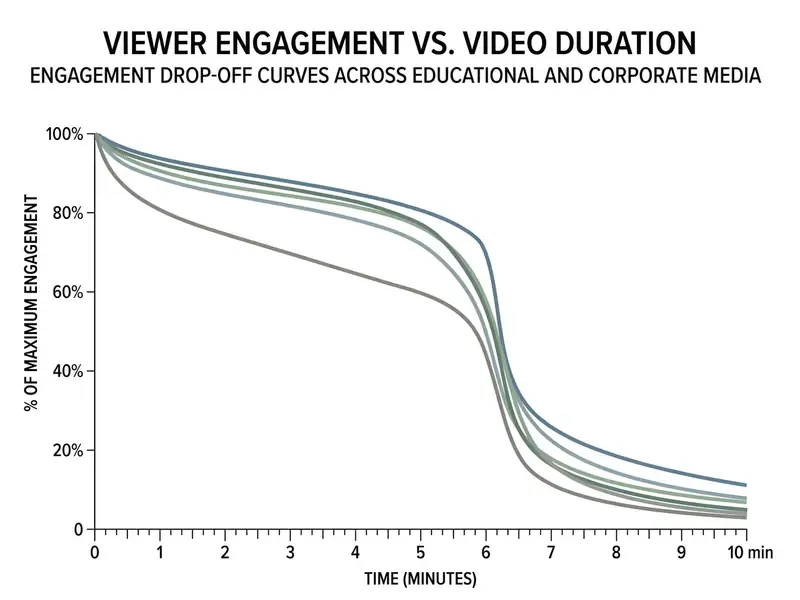 Multiple curves illustrating how viewer engagement drops sharply as video presentation duration exceeds six minutes