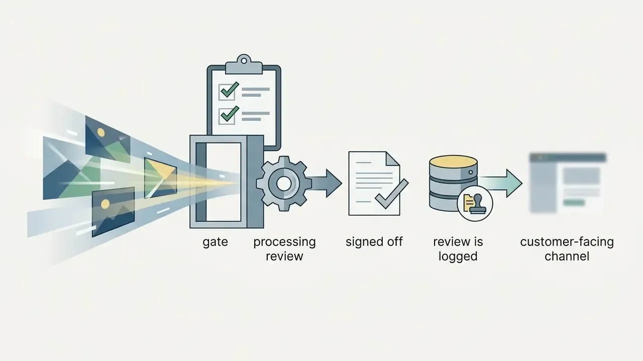 Synthetic images passing through a review gate and logging process before reaching a customer channel