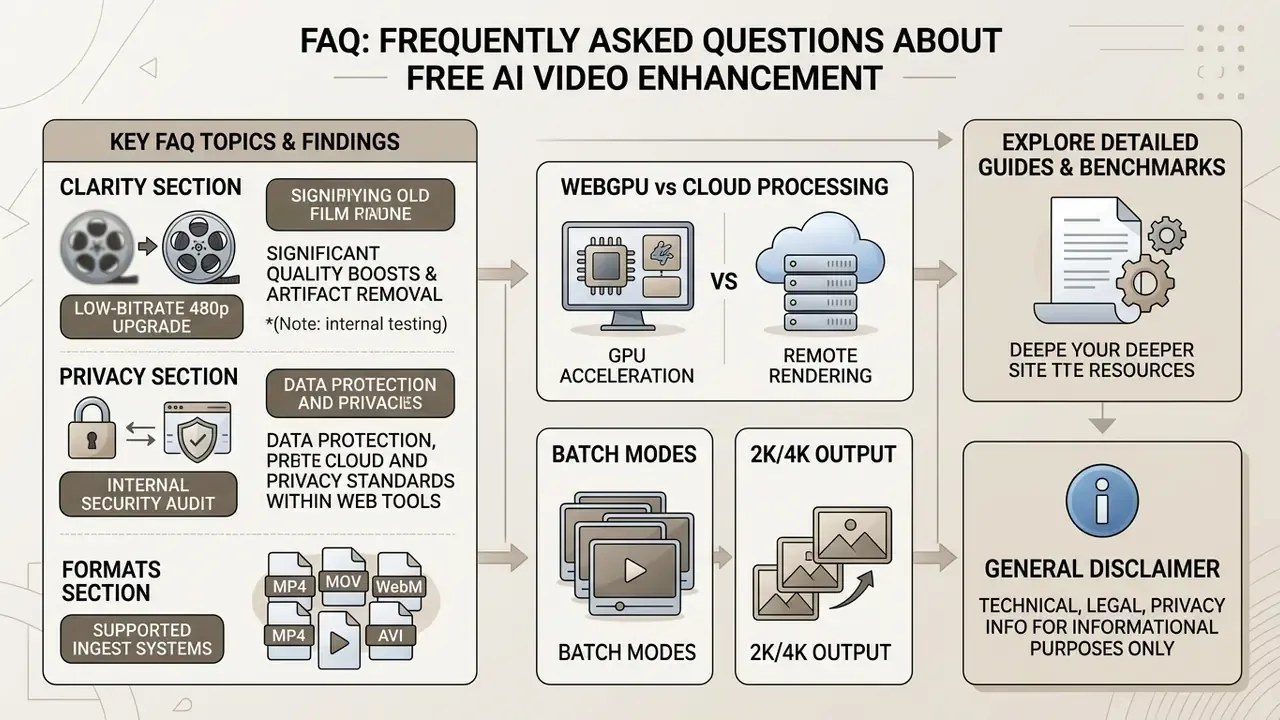 Summary of FAQ topics for a video quality enhancer 1080p tool including processing, privacy, and formats