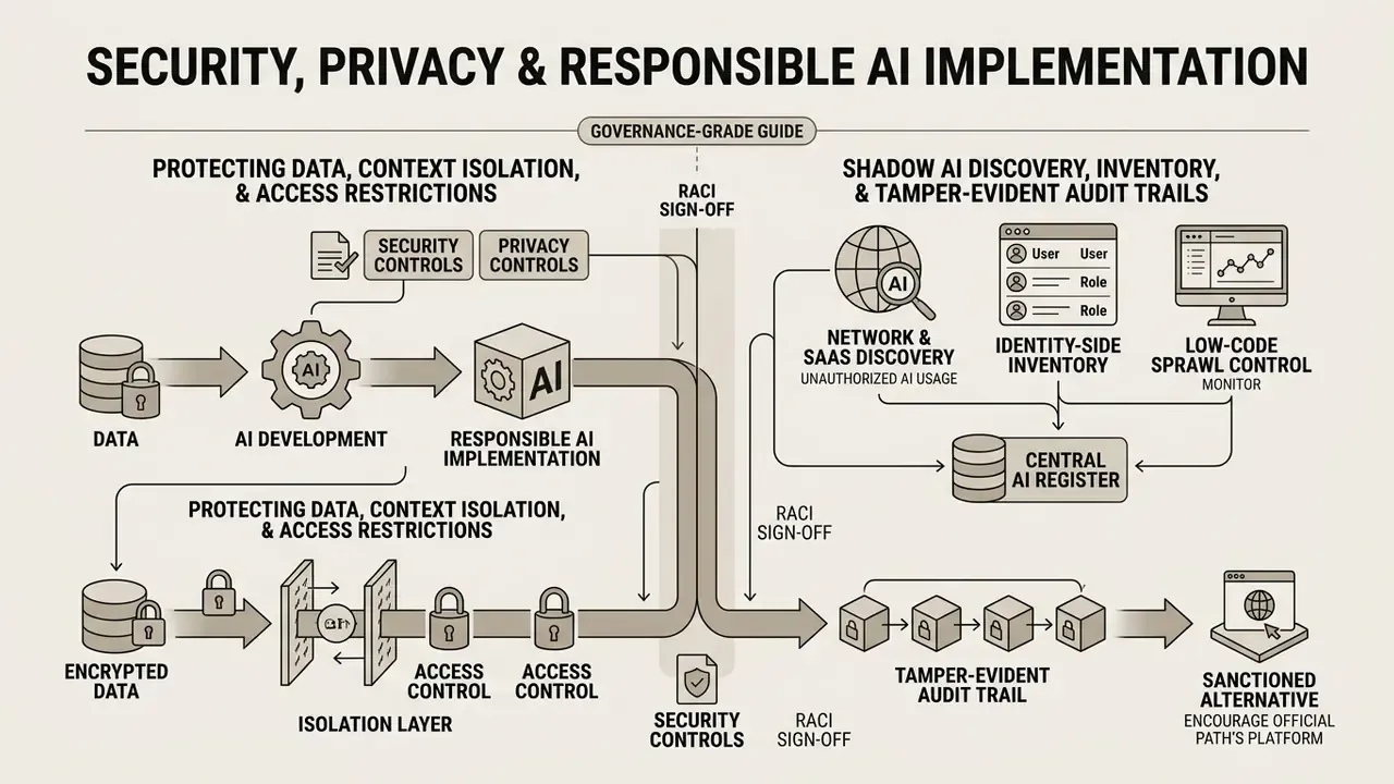 Diagram detailing data protection, audit trails, and governance workflows for enterprise AI systems