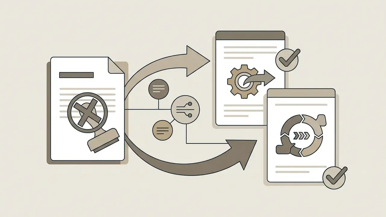 Document with a rejected stamp transitioning to updated files with gear and cycle icons