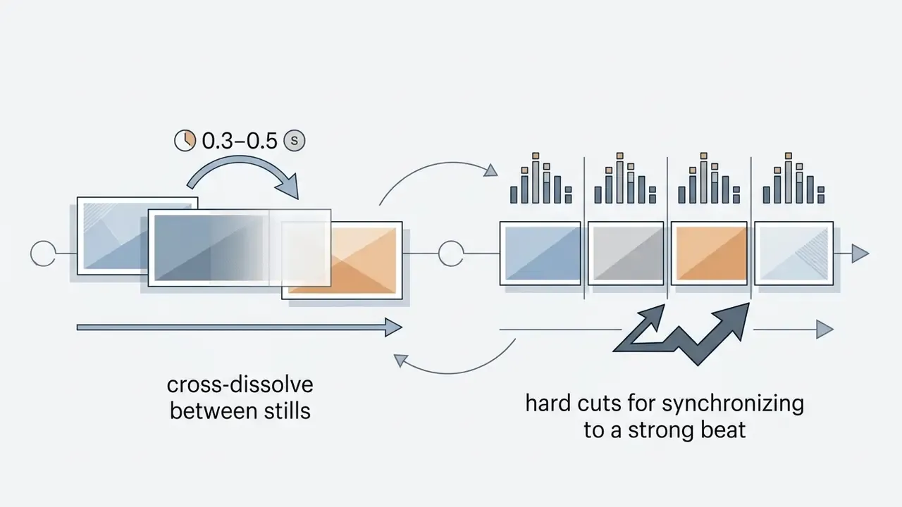 Visual guide showing cross-dissolve transitions and hard cuts synced to music beats for video editing
