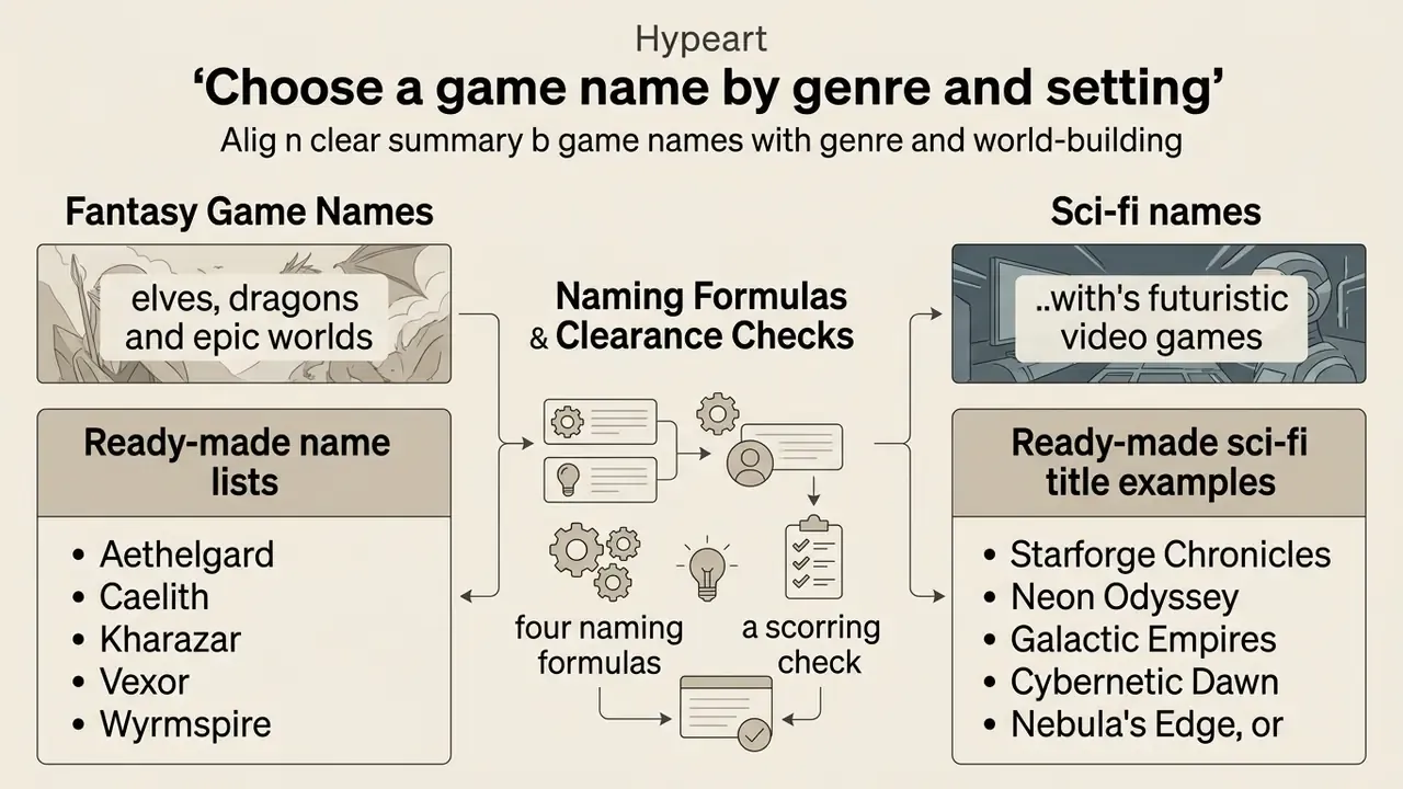Flowchart comparing fantasy and sci-fi naming conventions with lists of example titles and formulas