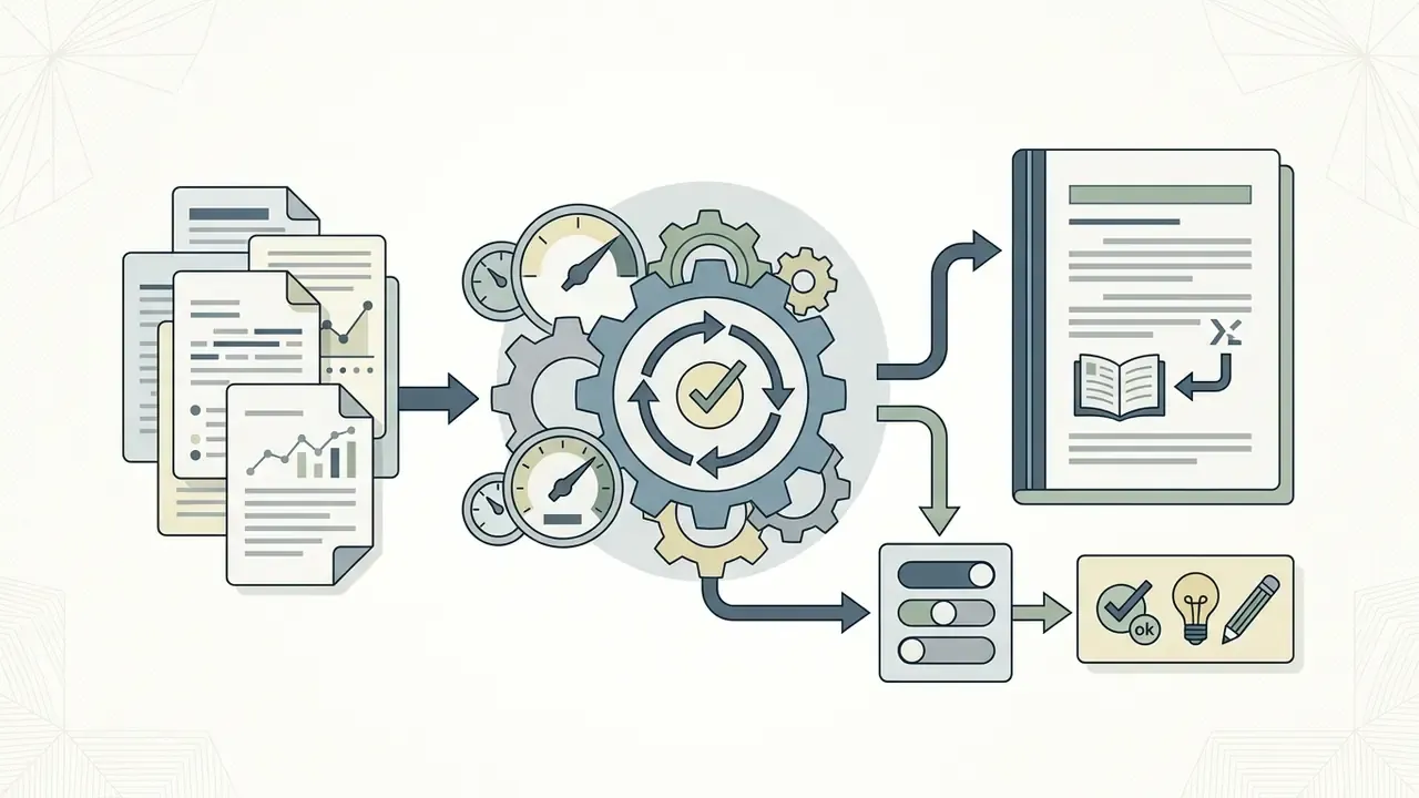 Academic papers flowing through a gear mechanism and gauges to produce cited essays and study materials