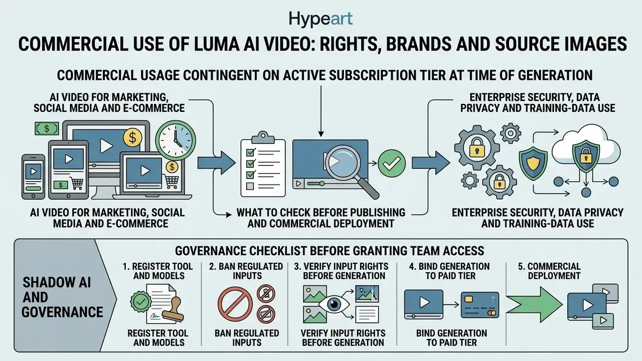 Governance checklist for Luma AI video generation covering security, input rights, and subscription tiers