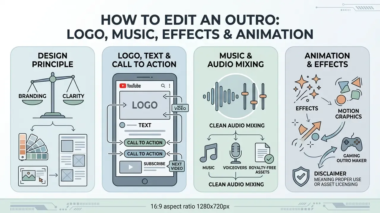 Four-column infographic detailing design principles, screen layout, audio mixing, and animation elements
