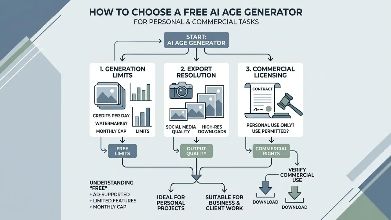 Decision tree comparing generation limits, export resolution, and commercial licensing for software tools