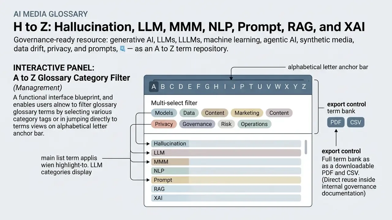 Interactive interface for filtering AI Media Glossary terms by category tags or alphabetical letter anchors