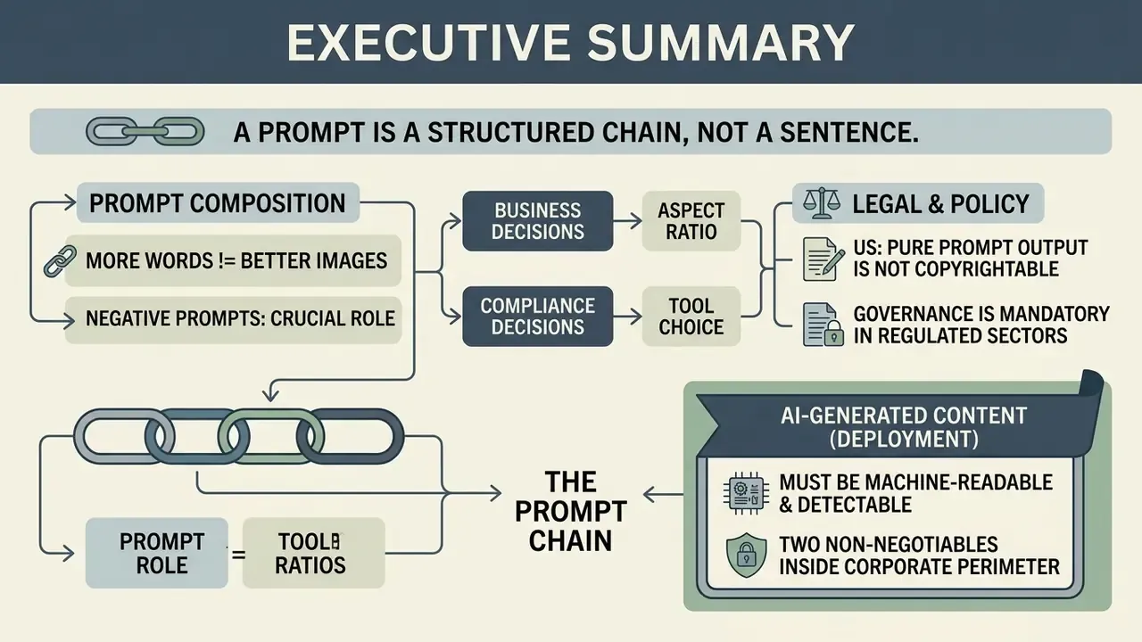 Infographic flowchart showing how AI image prompts function as structured chains for business and legal compliance