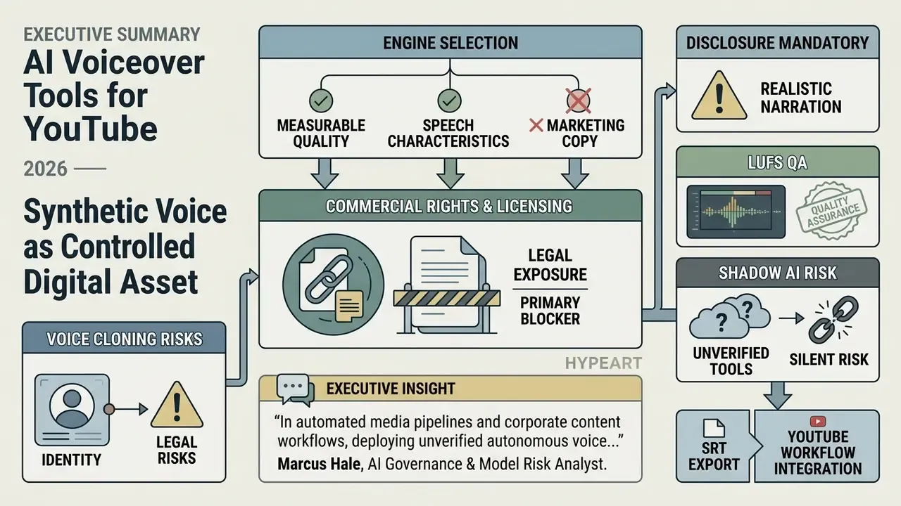 Flowchart outlining governance considerations for using AI voiceover tools in professional media workflows