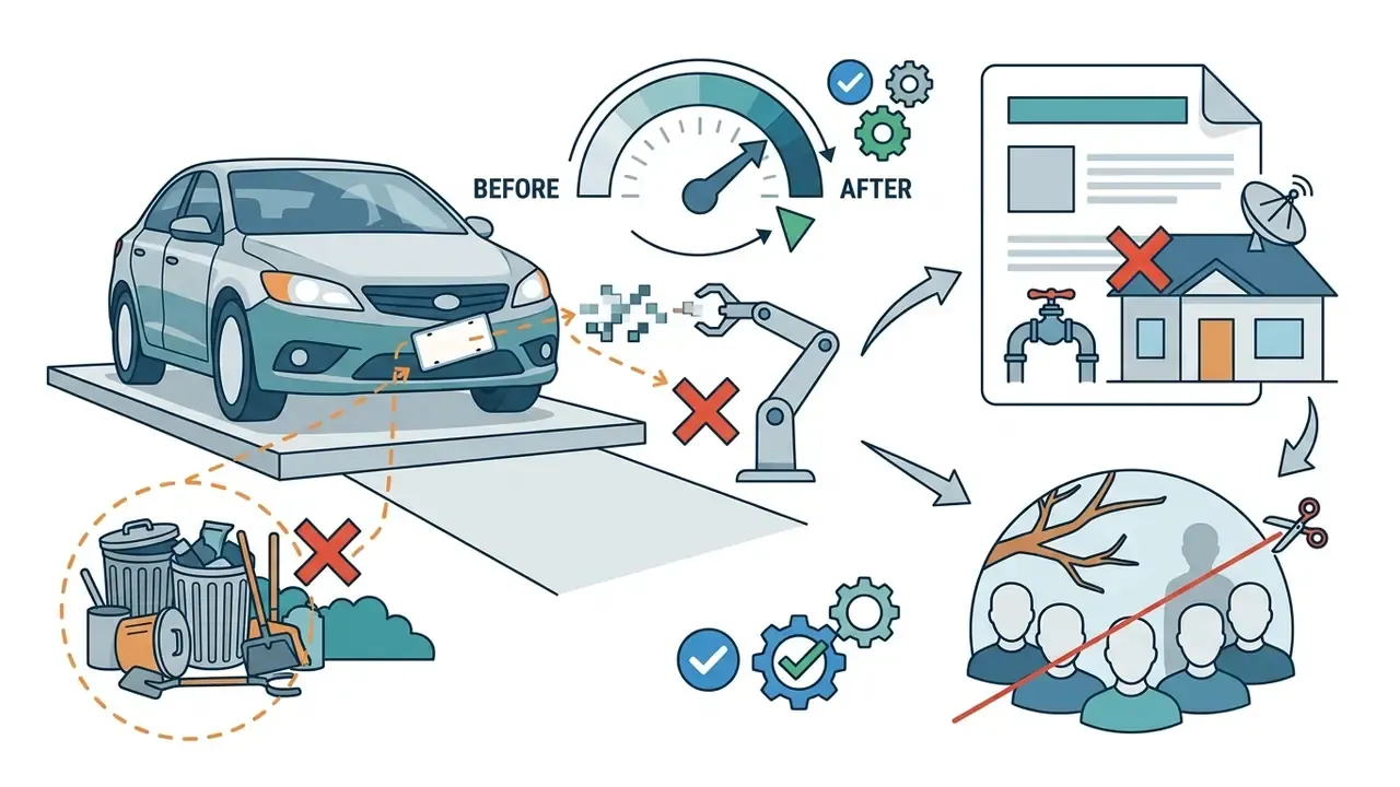 Robotic arm removing a license plate and driveway clutter from a car to improve visual quality