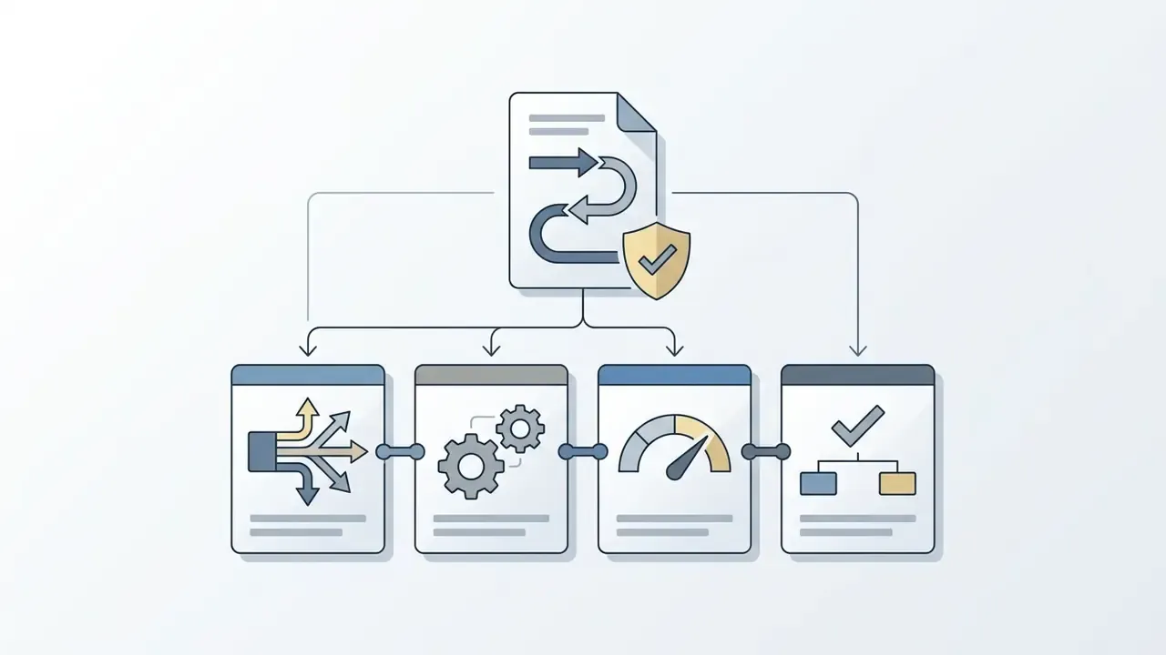 Document with a shield icon branching into four windows showing data paths, gears, gauges, and hierarchies