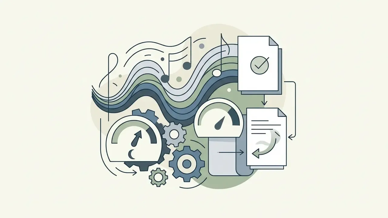 Musical notes and flowing waves moving through gears and gauges to finalize a document with a checkmark
