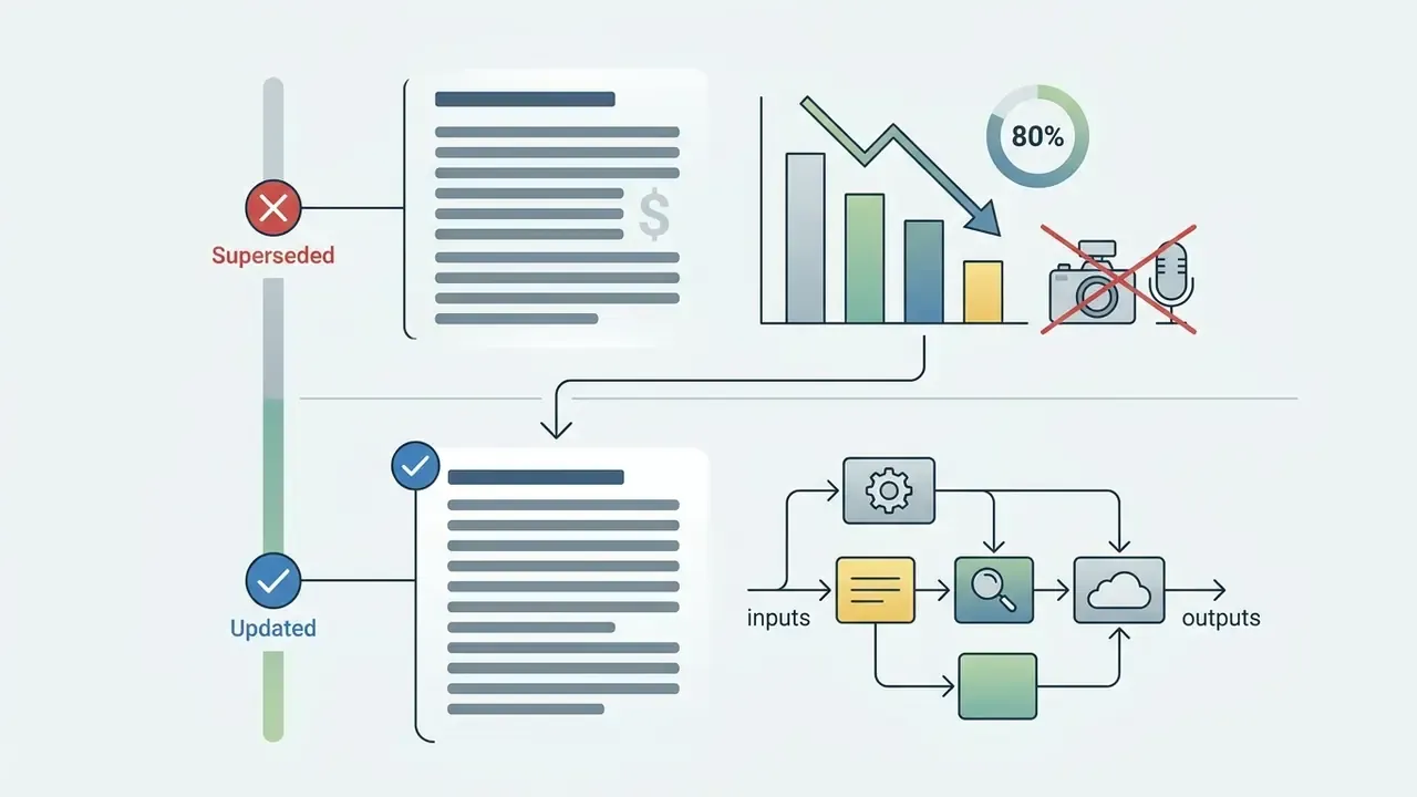 Comparison of a superseded cost reduction claim with an updated workflow for a free AI video generator app