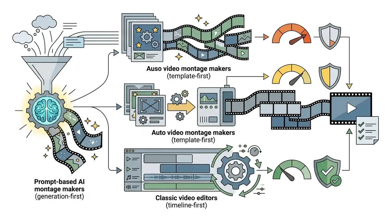 Diagram showing three video montage maker classes with varying levels of control and safety risk