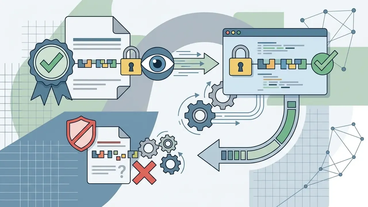 Document with a seal and lock icon being processed through a digital verification system with gears