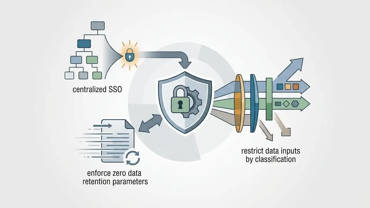 SSO and document retention controls feed into a shield hub that filters data into classified output paths