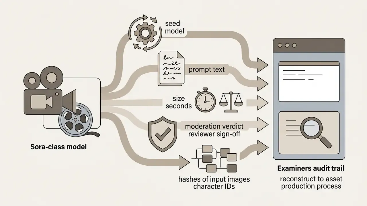 Data flow from a Sora-class model into a centralized audit trail for asset production reconstruction