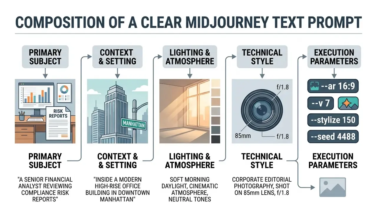 Sequential diagram breaking down Midjourney AI prompt components into subject, setting, lighting, and parameters