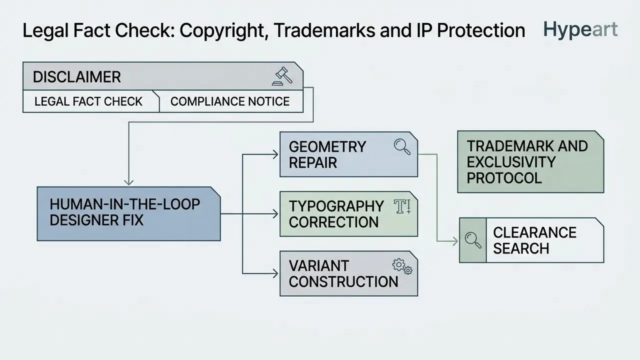 Process map showing legal compliance steps from initial disclaimers to final trademark clearance searches
