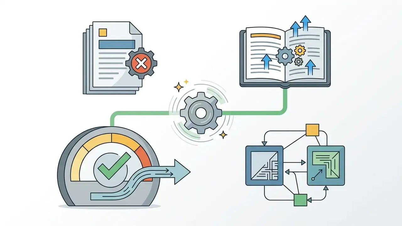 Icons of documents and books connecting through a central gear to a gauge and a technical logic flow