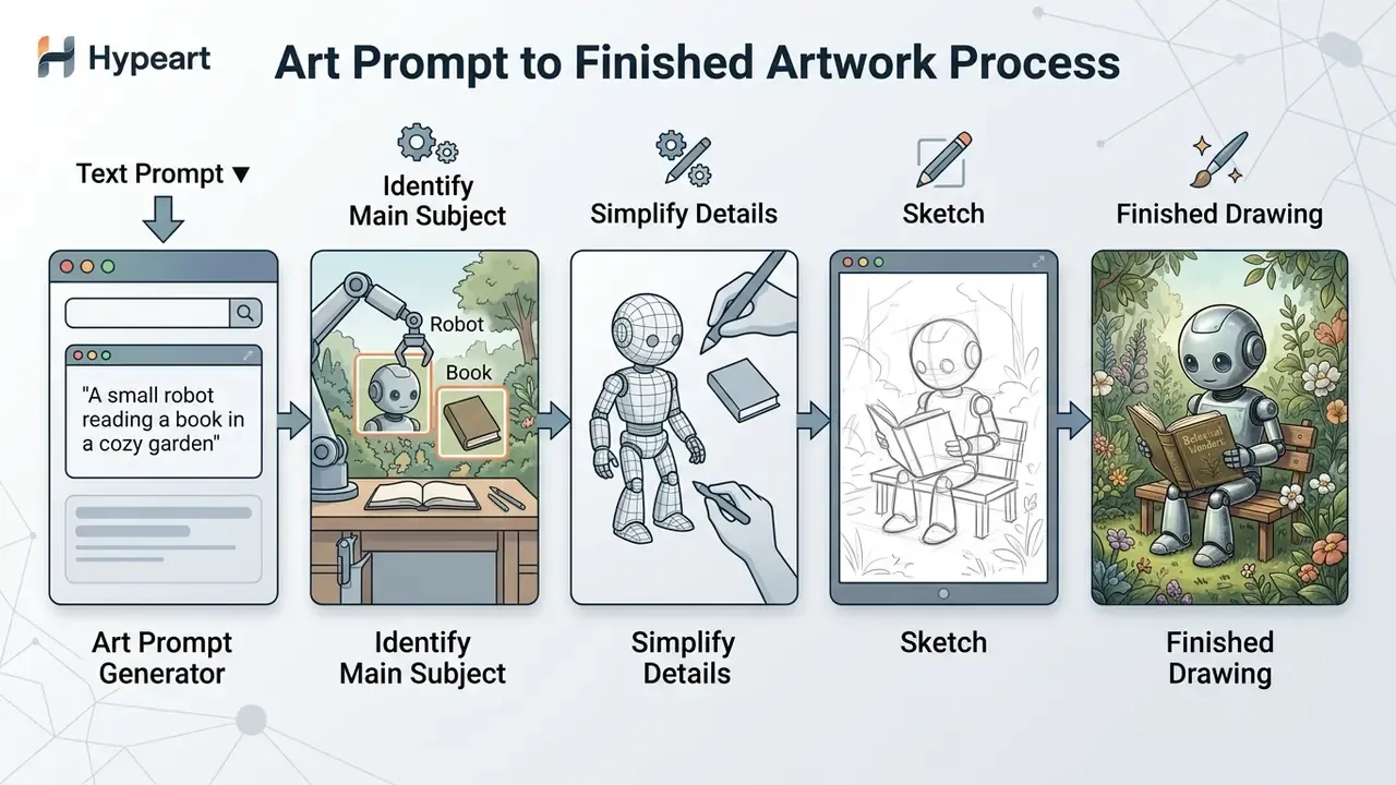 Step-by-step workflow showing a text prompt transforming into a robot character sketch and final illustration