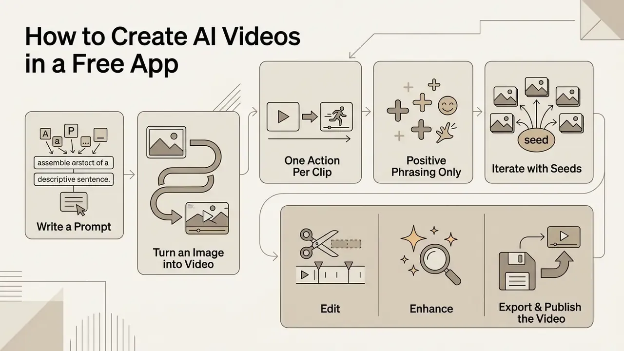 Step-by-step process for using a free AI video generator app from prompting to editing and publishing