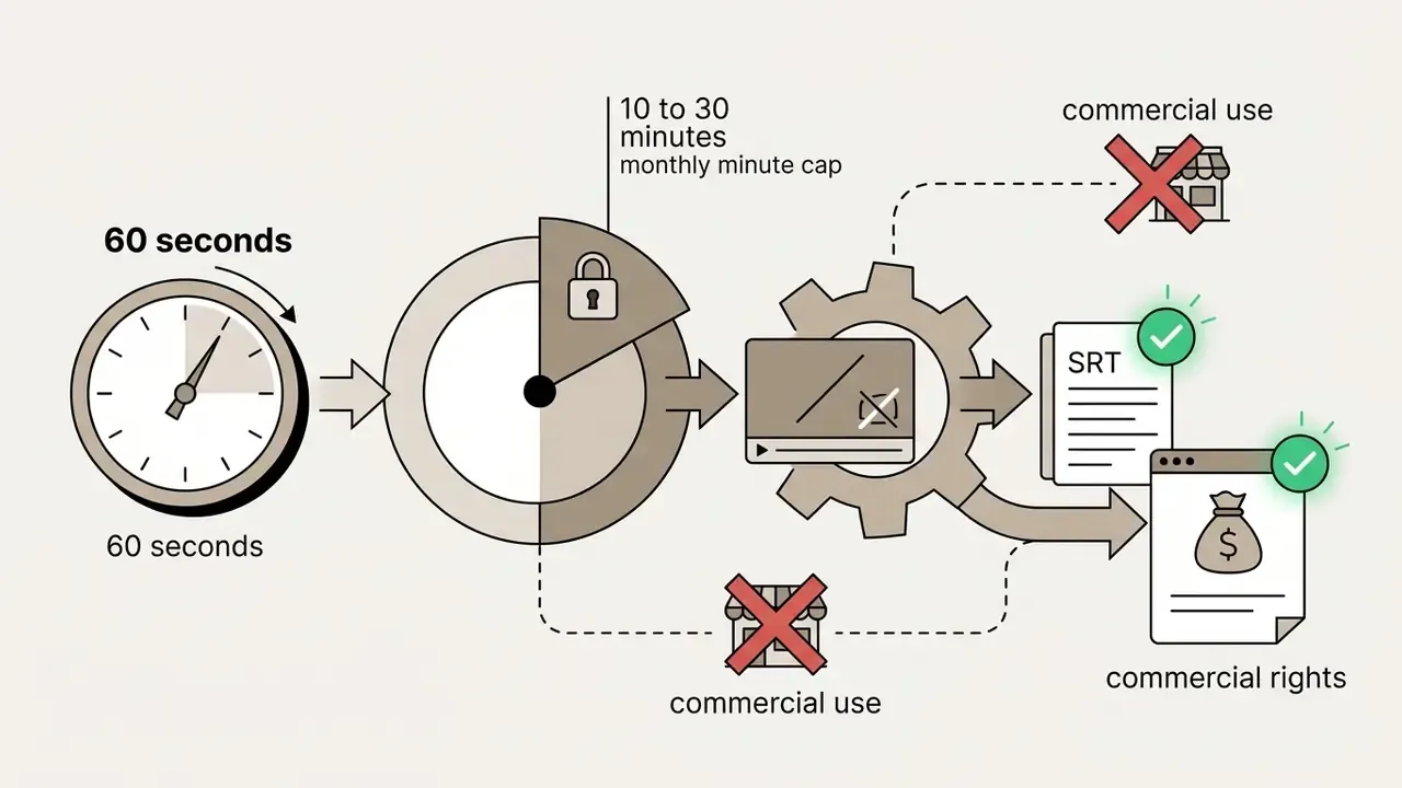 Diagram showing limitations of a free AI subtitle generator including minute caps and restricted commercial rights