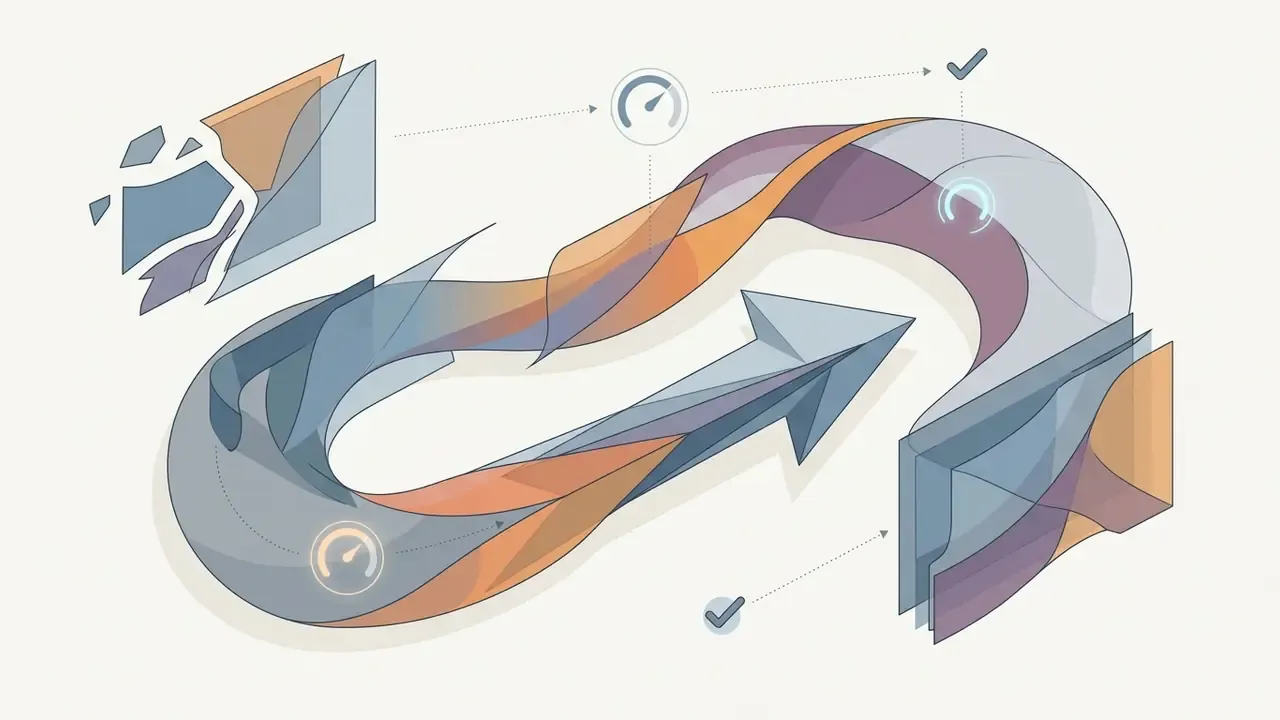 Curved arrow connecting two image frames with speed indicators and checkmarks representing smooth motion