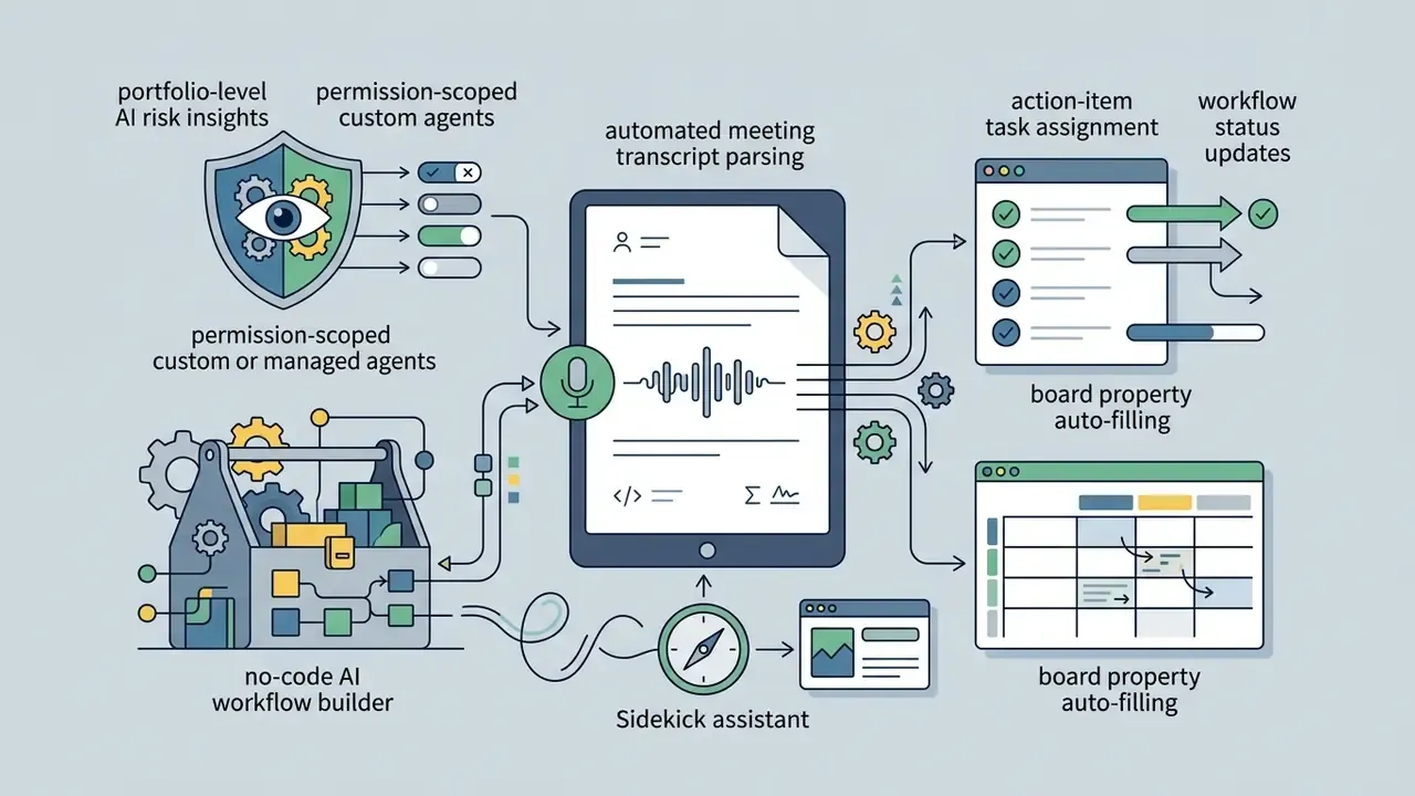 Toolbox and shield icons connect to a central tablet that routes automated tasks to lists and boards