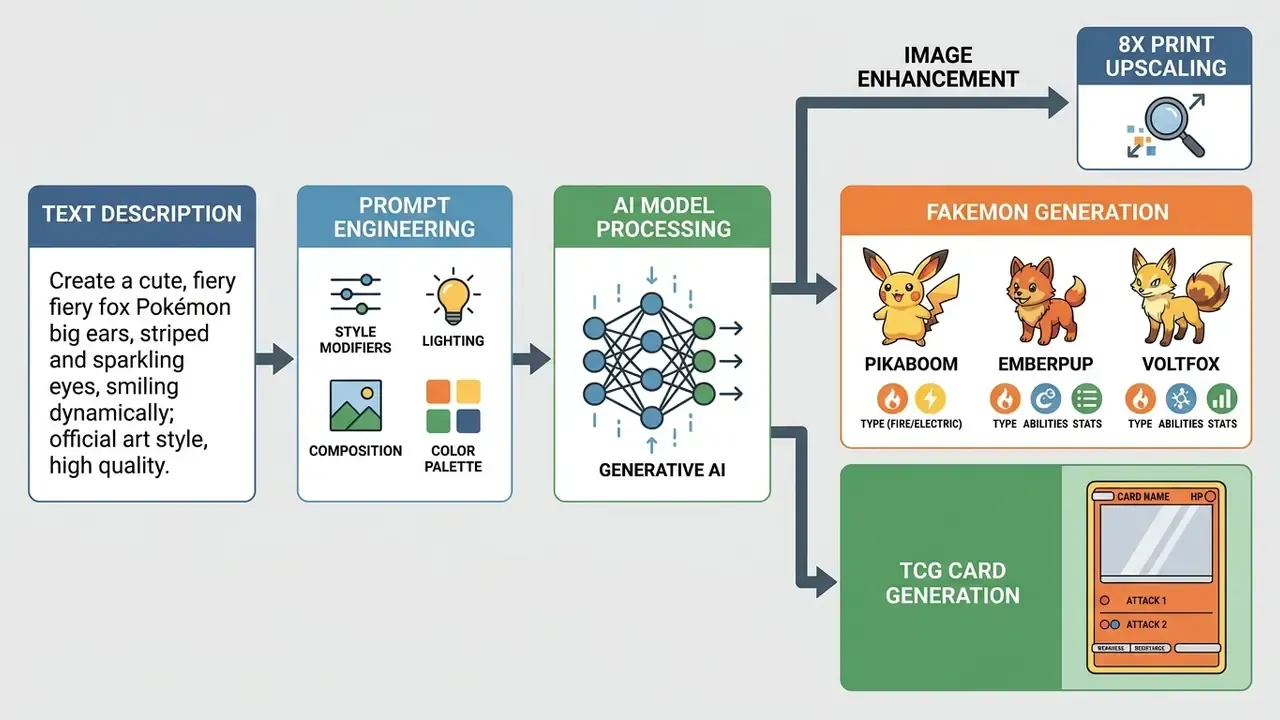 Flowchart showing the sequence from text prompts to generated creature designs and trading card layouts
