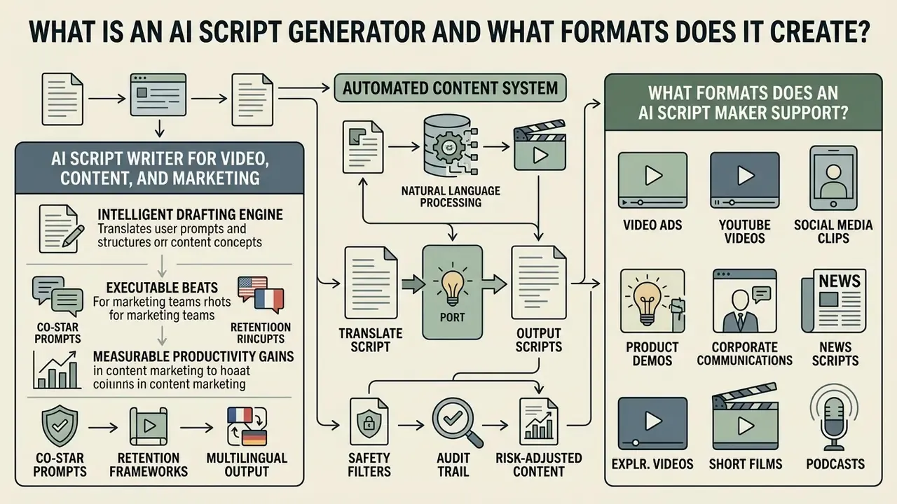 Flowchart showing how an AI script generator processes inputs into various video and text formats