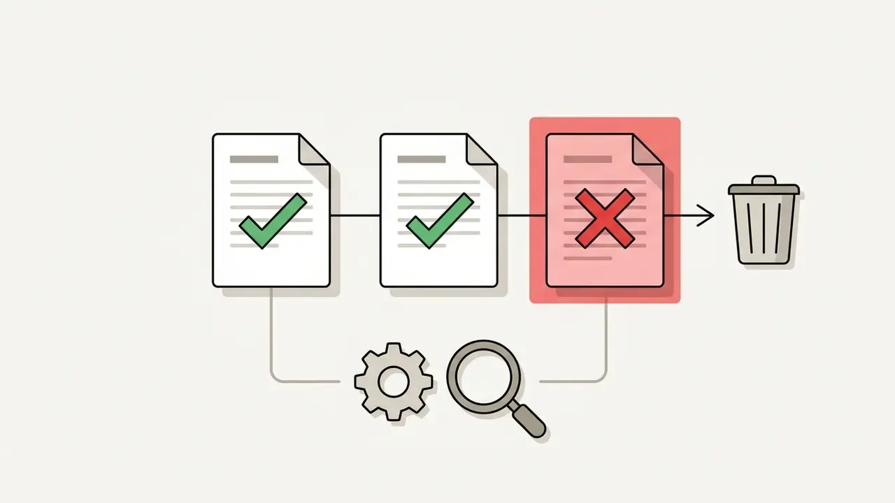 Sequence of documents being reviewed by a gear and lens before a rejected file is moved to the trash