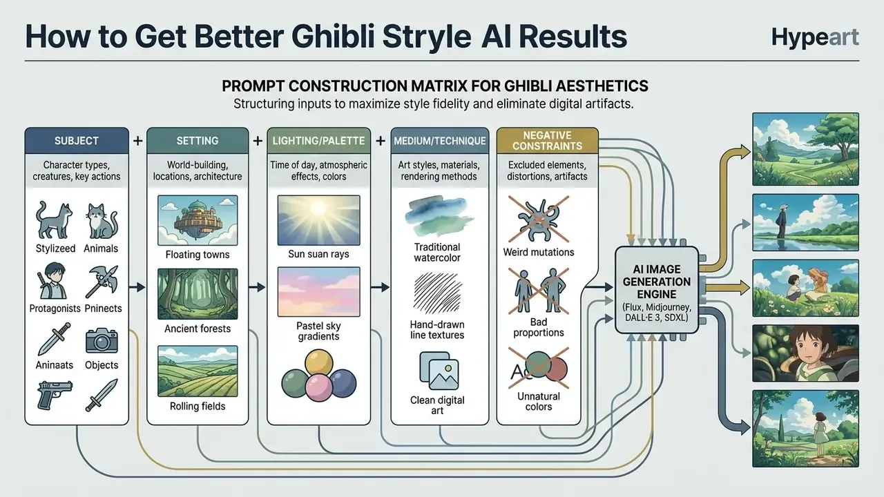 Matrix diagram organizing prompt categories like subject, setting, and constraints into an AI engine