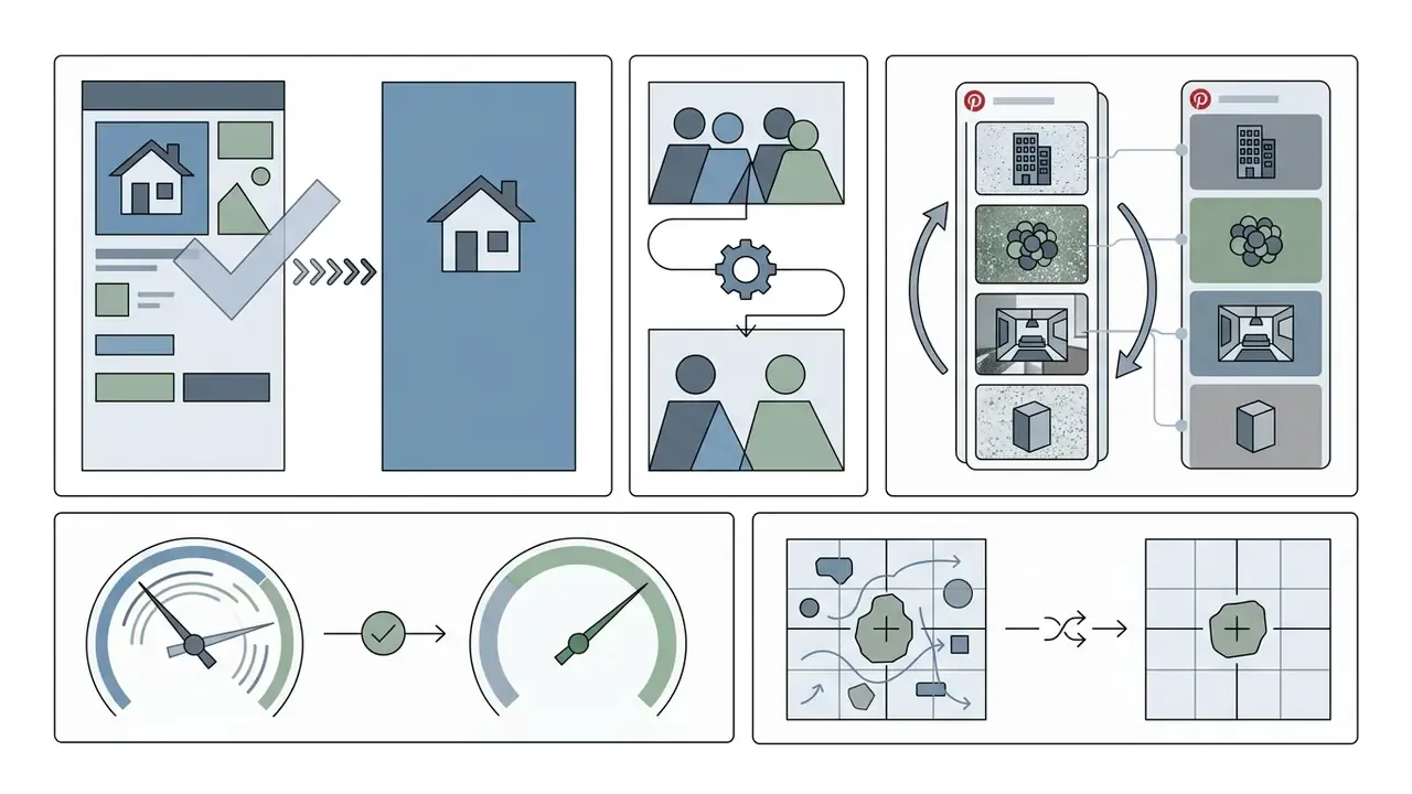 Multiple panels showing workflows for cleaning social media content and optimizing visual assets