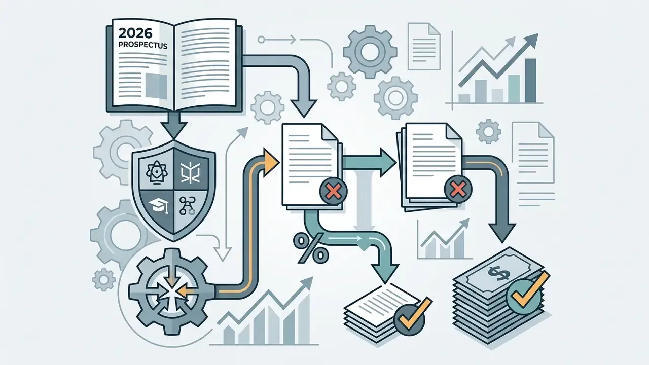 Diagram showing a prospectus and shield leading to document processing and financial savings icons