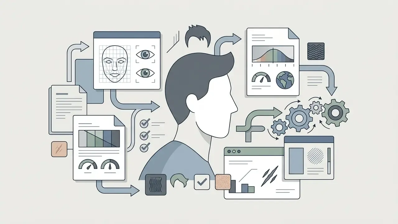 Human profile surrounded by facial feature icons, data charts, and mechanical gears illustrating design inputs