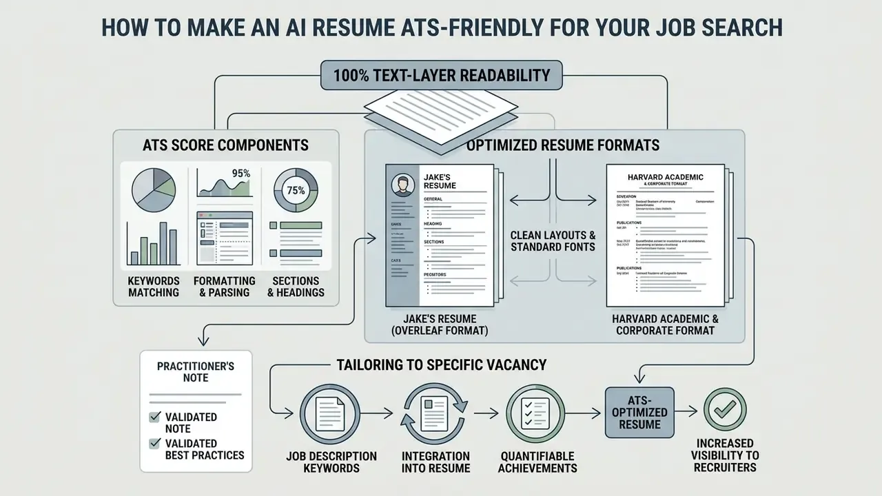 Flowchart detailing ATS score components, recommended resume formats, and vacancy tailoring steps