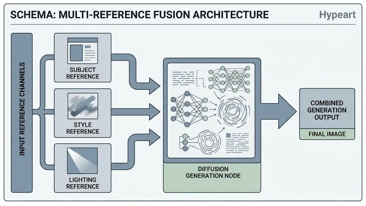 Diagram showing subject, style, and lighting reference channels feeding into a central diffusion node