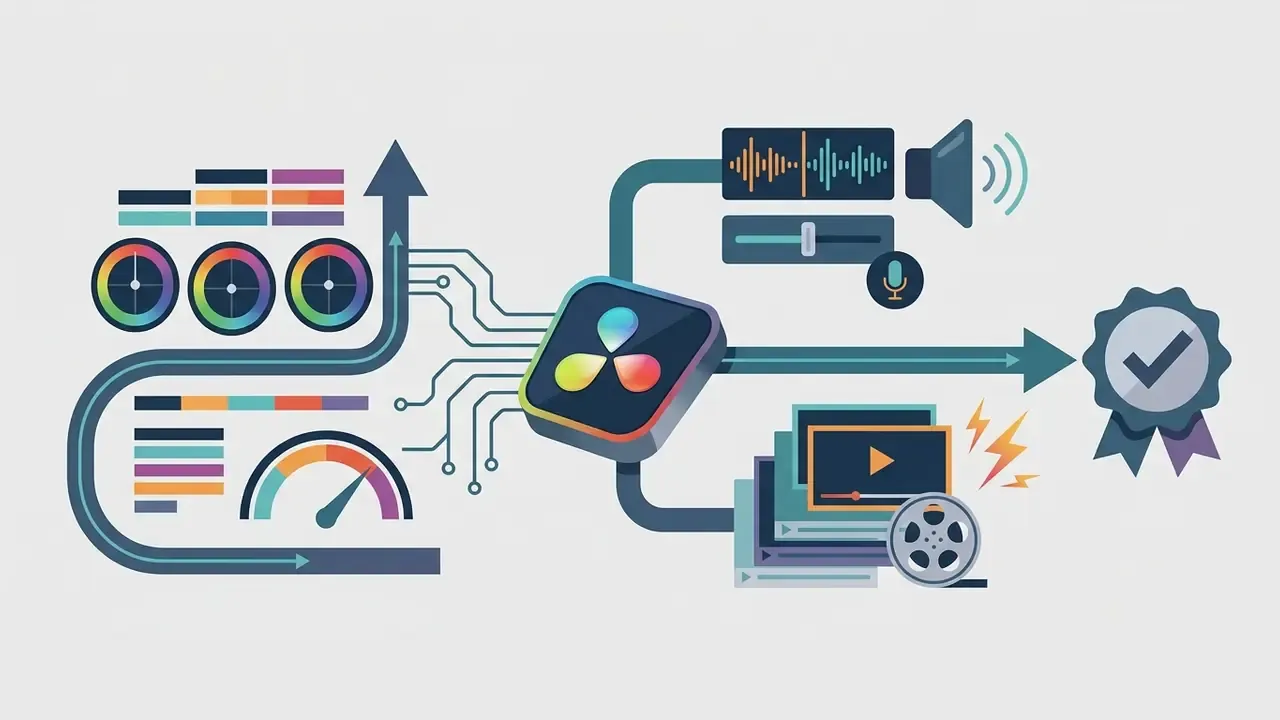 DaVinci Resolve icon processing video and audio assets into a finalized project delivery seal