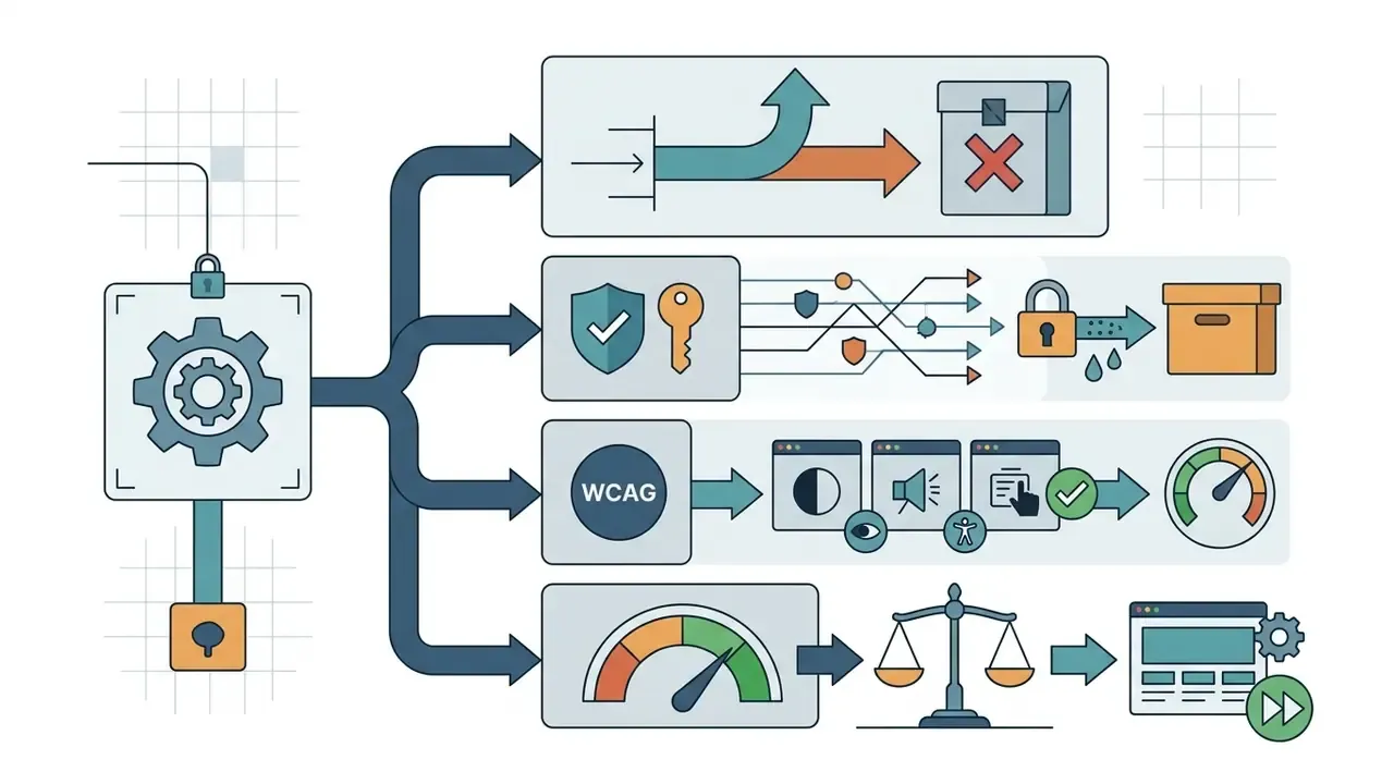 Central gear system branching into four pathways for security, accessibility, and performance testing