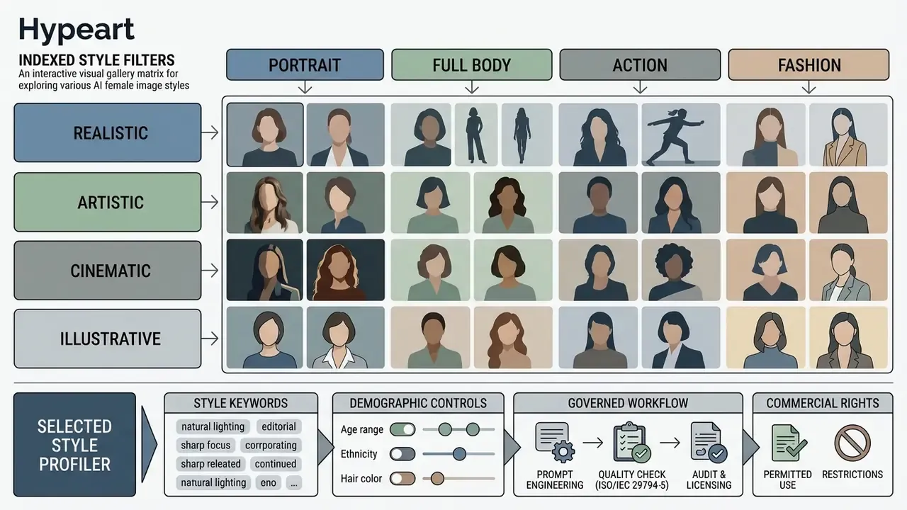 Grid matrix organizing AI women pictures by visual style categories and subject types with workflow settings