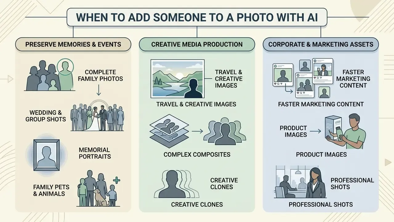 Three categories showing use cases for AI to add a person to photo online free for memories and marketing