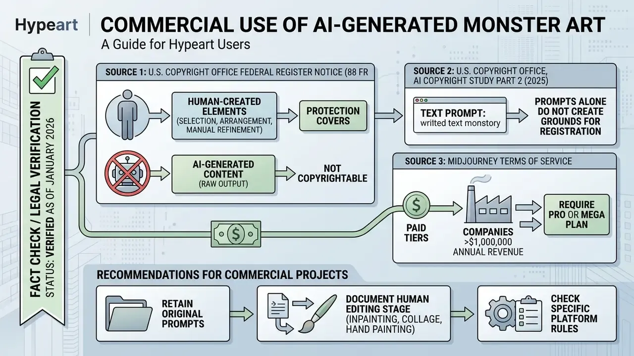 Flowchart outlining legal guidelines for copyrighting and using machine-generated creative assets