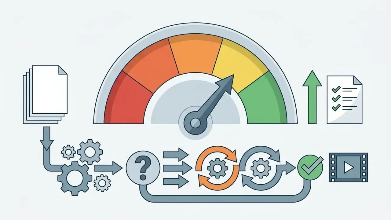 Speedometer gauge showing a production process moving from document input through iterative review cycles