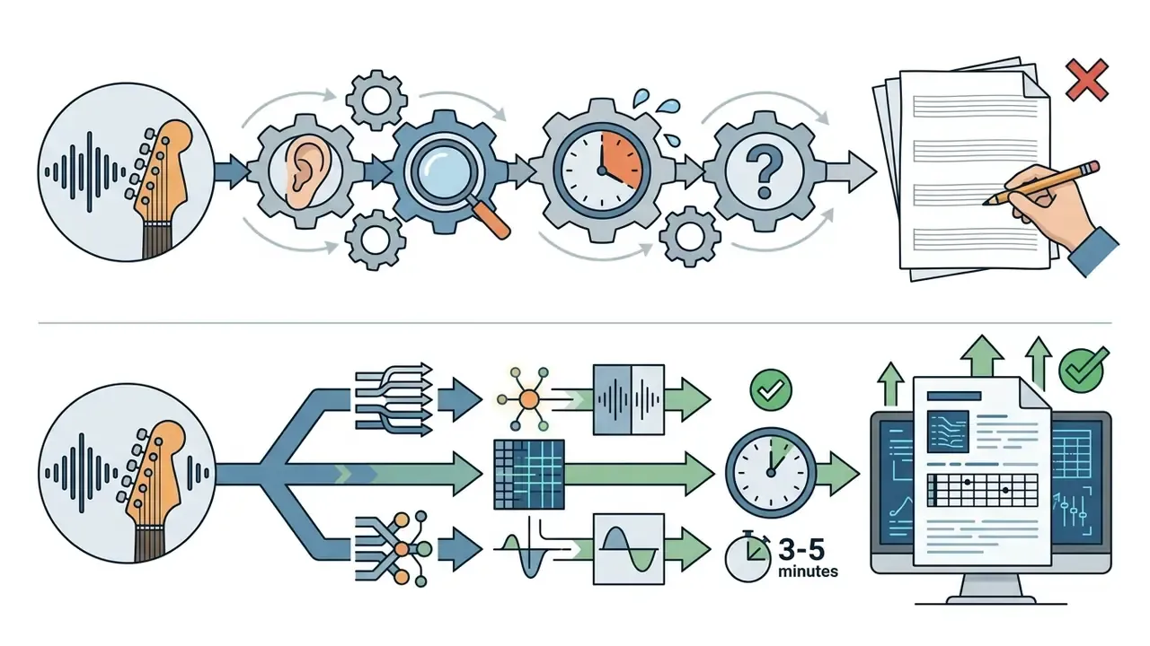 Manual transcription process with gears versus an automated digital workflow for musical notation