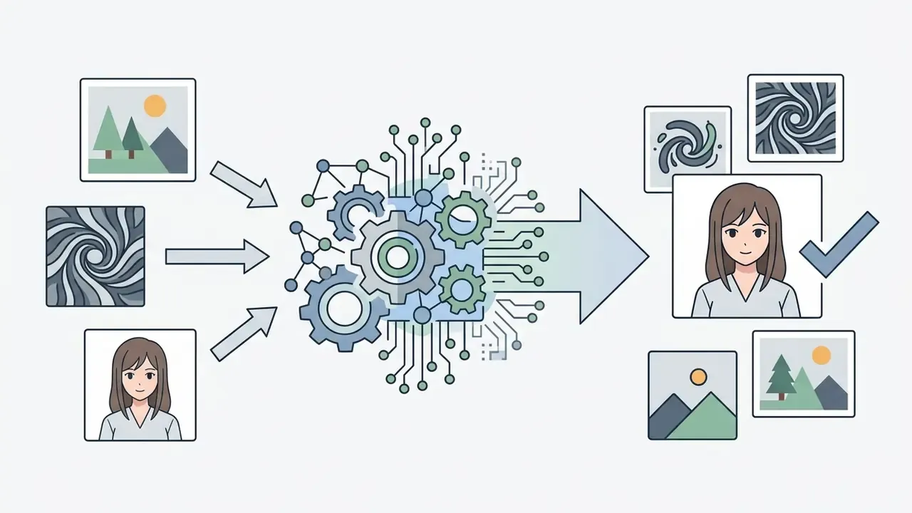 Various images feeding into a central processor of gears and circuitry to produce refined visual outputs